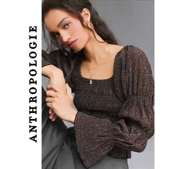 Like New Anthropologie Metallic Square Neck Smocked Top - Picture 1 of 5
